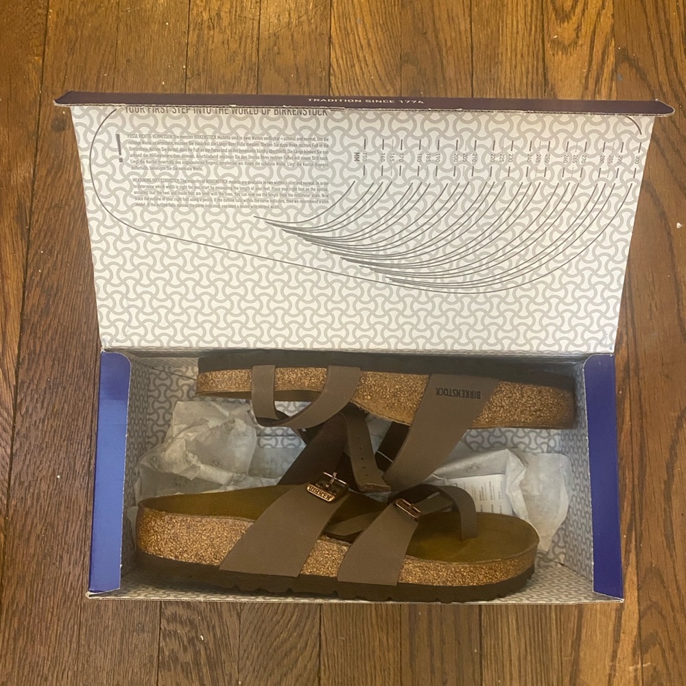Mocha Birkenstock size 38 (7.5) runs big in my opinion. New!!